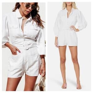 L*SPACE Ryder Romper Large Cream Long Puff Sleeve Belted Button Linen Pocket